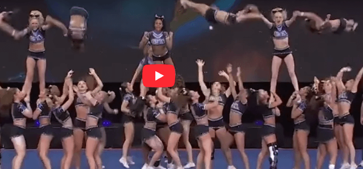 Senior Medium All-Girl Level 6 team performing dynamic stunts at the 2025 Cheerleading Worlds.