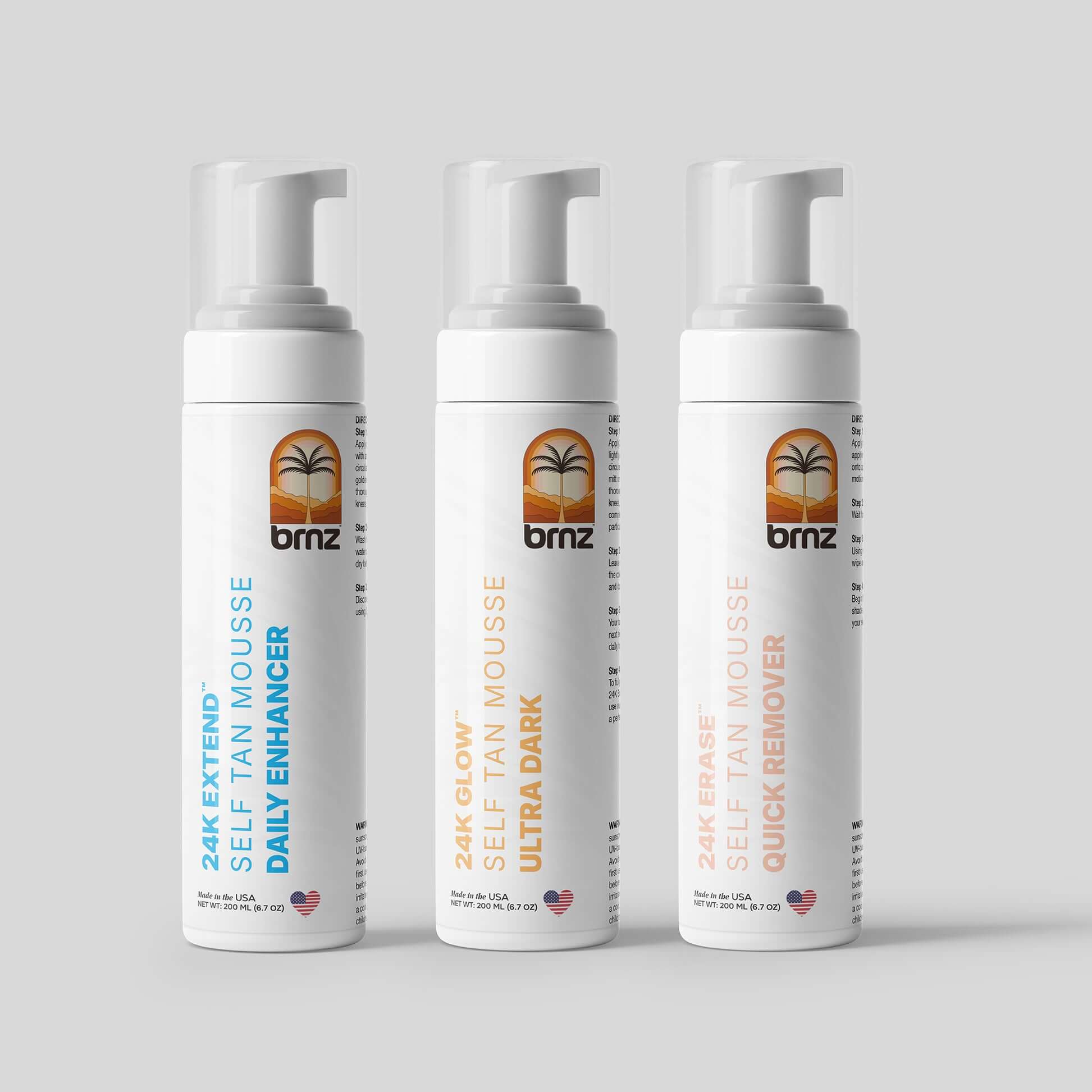 BRNZ 24K tanning system bottles featuring Extend, Glow, and Erase for a perfect comp-day tan.