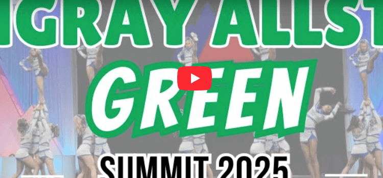 Stingray All-Stars Green team showcasing impressive stunts at The Summit 2025 cheer competition.