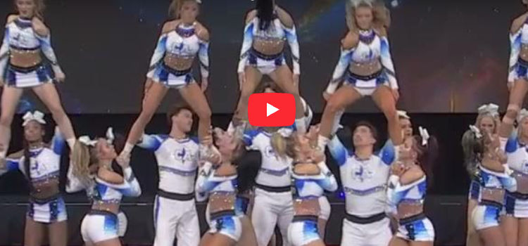 Cali Coed team executing dynamic stunts during IOSC6 competition at Worlds 2025.