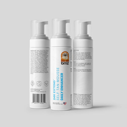 24K Extend self-tanner mousse for glowing skin and hydration with Cocoa Butter, designed for daily use.