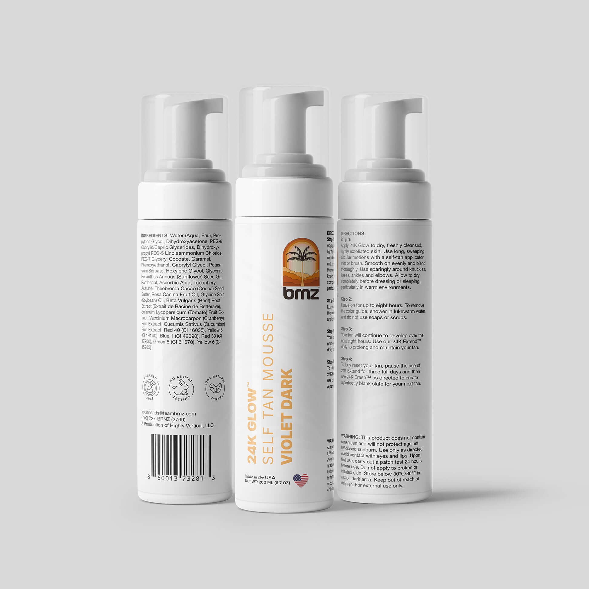 Three bottles of 24K Glow self-tanning mousse in violet dark, showcasing a rich bronze glow for all skin tones.