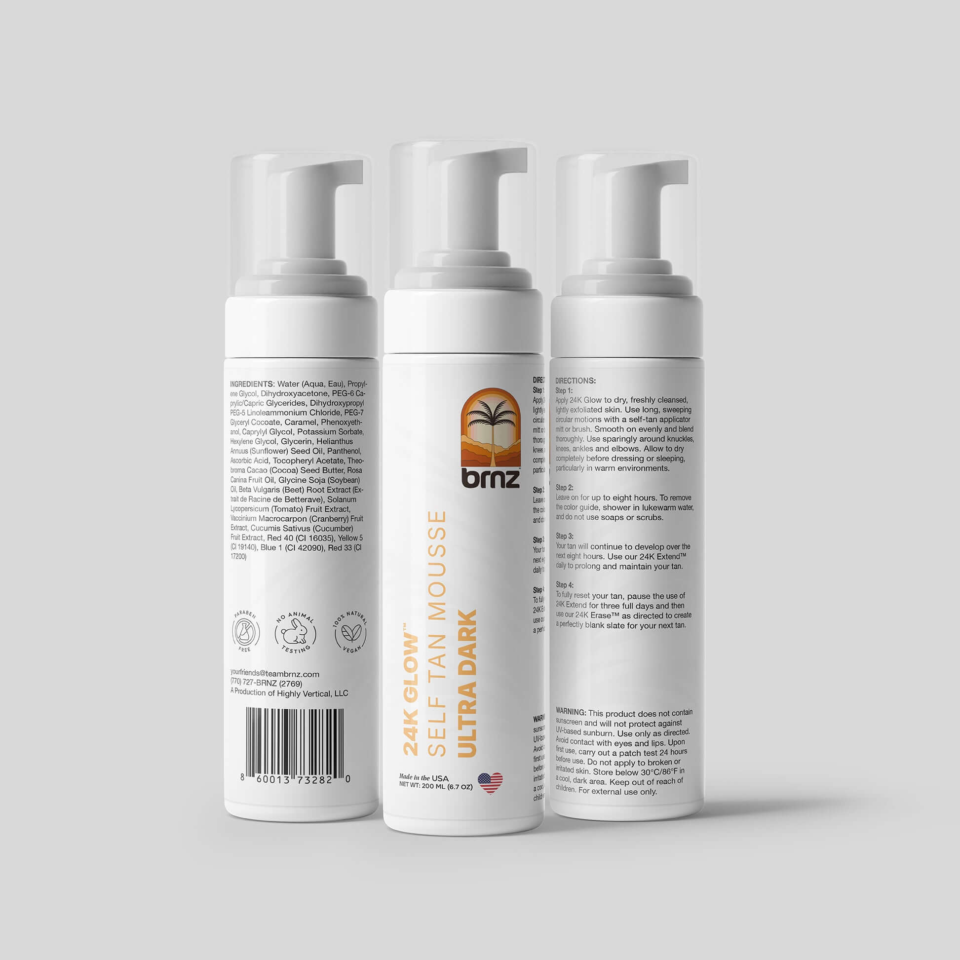 Three bottles of 24K Glow self-tanning mousse showcasing a lightweight formula for a perfect bronze glow.