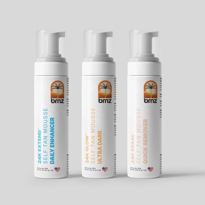 BRNZ 24K tanning system bottles featuring Extend, Glow, and Erase for a perfect comp-day tan.