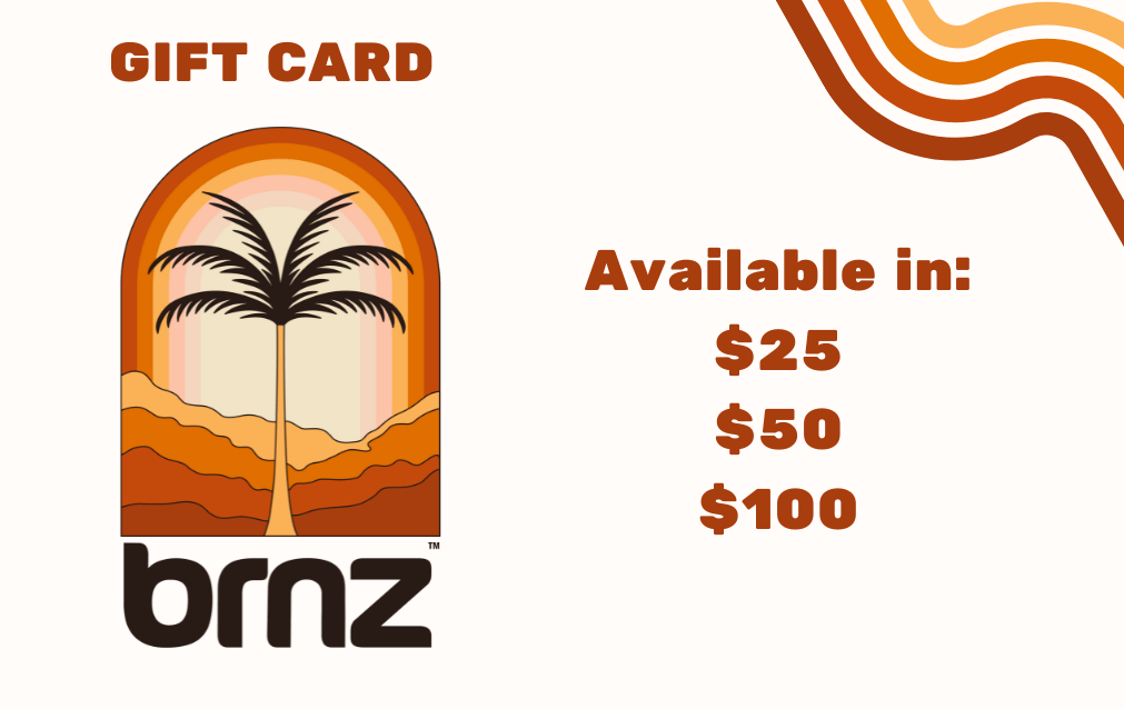 BRNZ Gift Card featuring palm tree design, available in $25, $50, and $100 amounts for cheerleaders.
