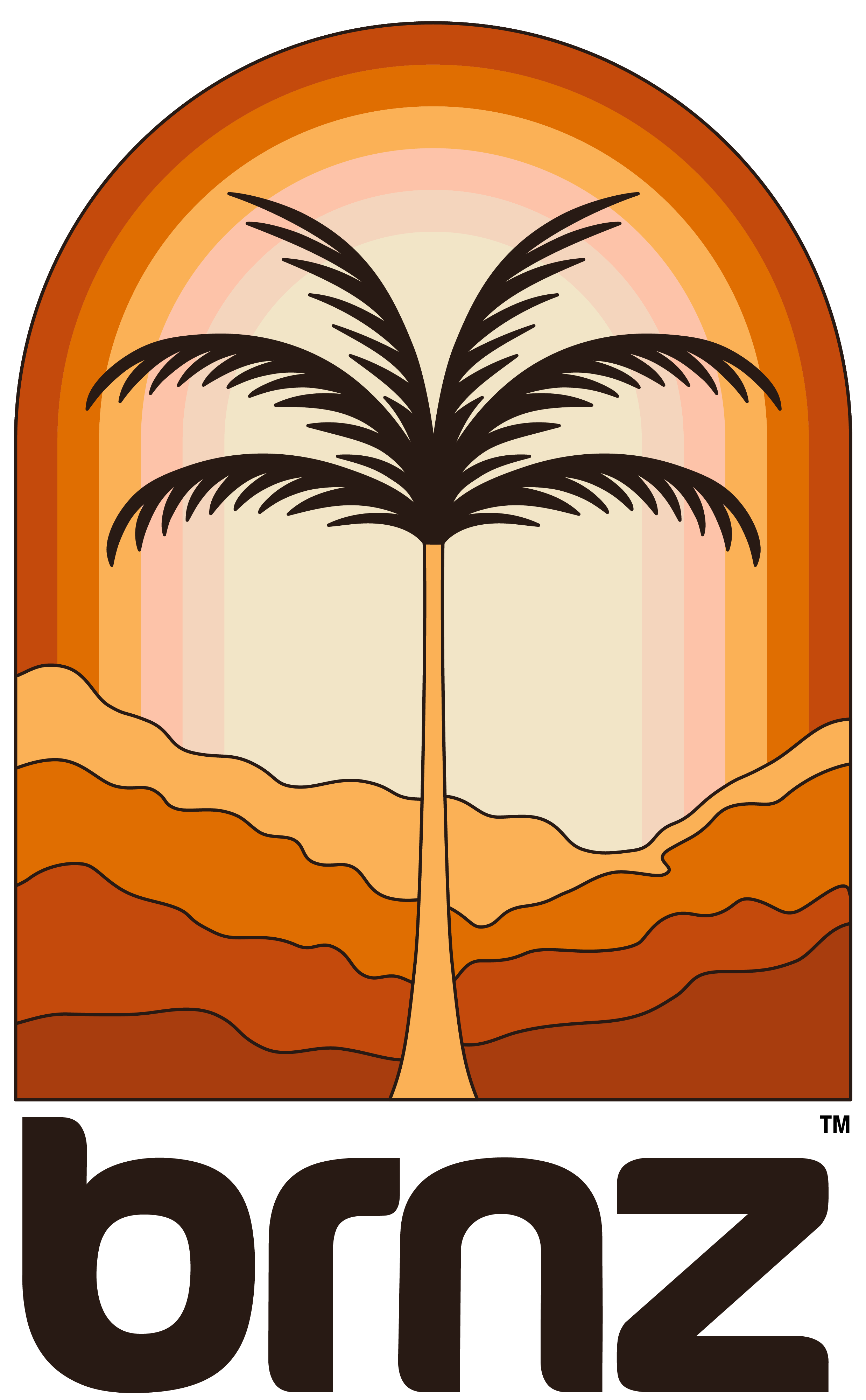 Stylish sunset logo with palm tree and mountains, featuring warm orange tones and 'brnz' text at the bottom.
